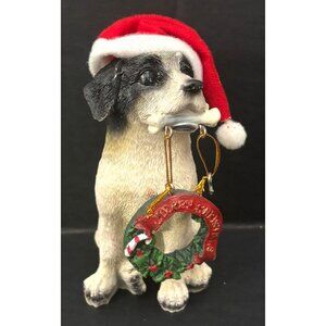 Christmas Dog Figurine w Wreath Santa Hat Hand Painted Resin Festive Decor Accen